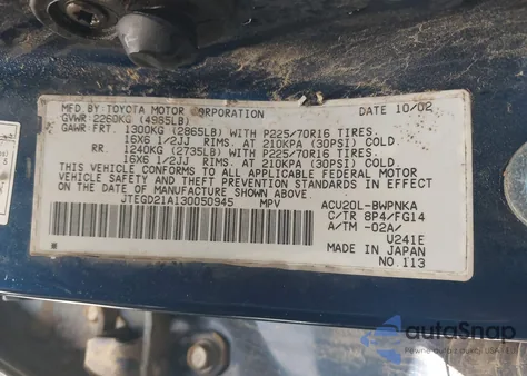 2003 Toyota Highlander from USA, damaged, VIN JTEGD21A130050945